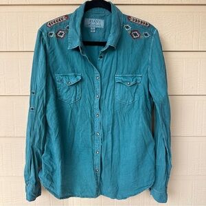 Vintage Teal Western Embroidered Button-Up Shirt